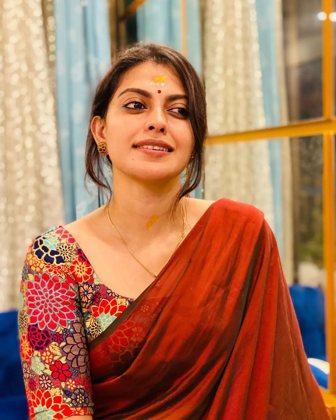 Malayalam Actress Anusree Nair in Maroon Saree Blouse